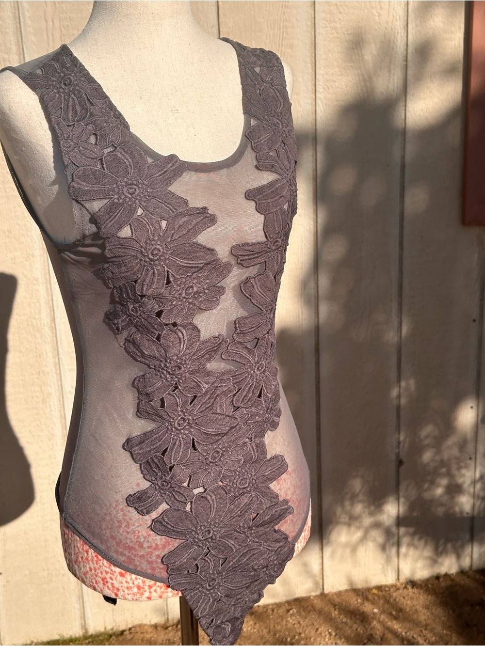 Mind Code Taupe Floral Appliqué Sheer Bodysuit